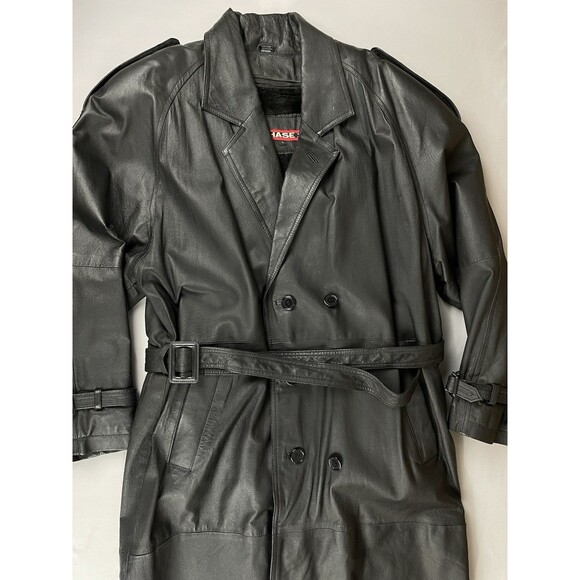 Phase 2 Long Leather Double Breast Trench Coat Men’s Large Black Zip Liner Goth - Picture 15 of 16